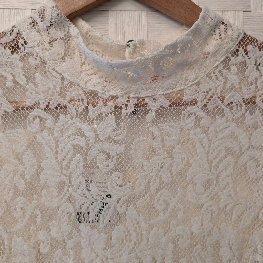 Free People Ivory Floral Lace Mock Neck Long Sleeve High-Low Mini Dress‎ Large